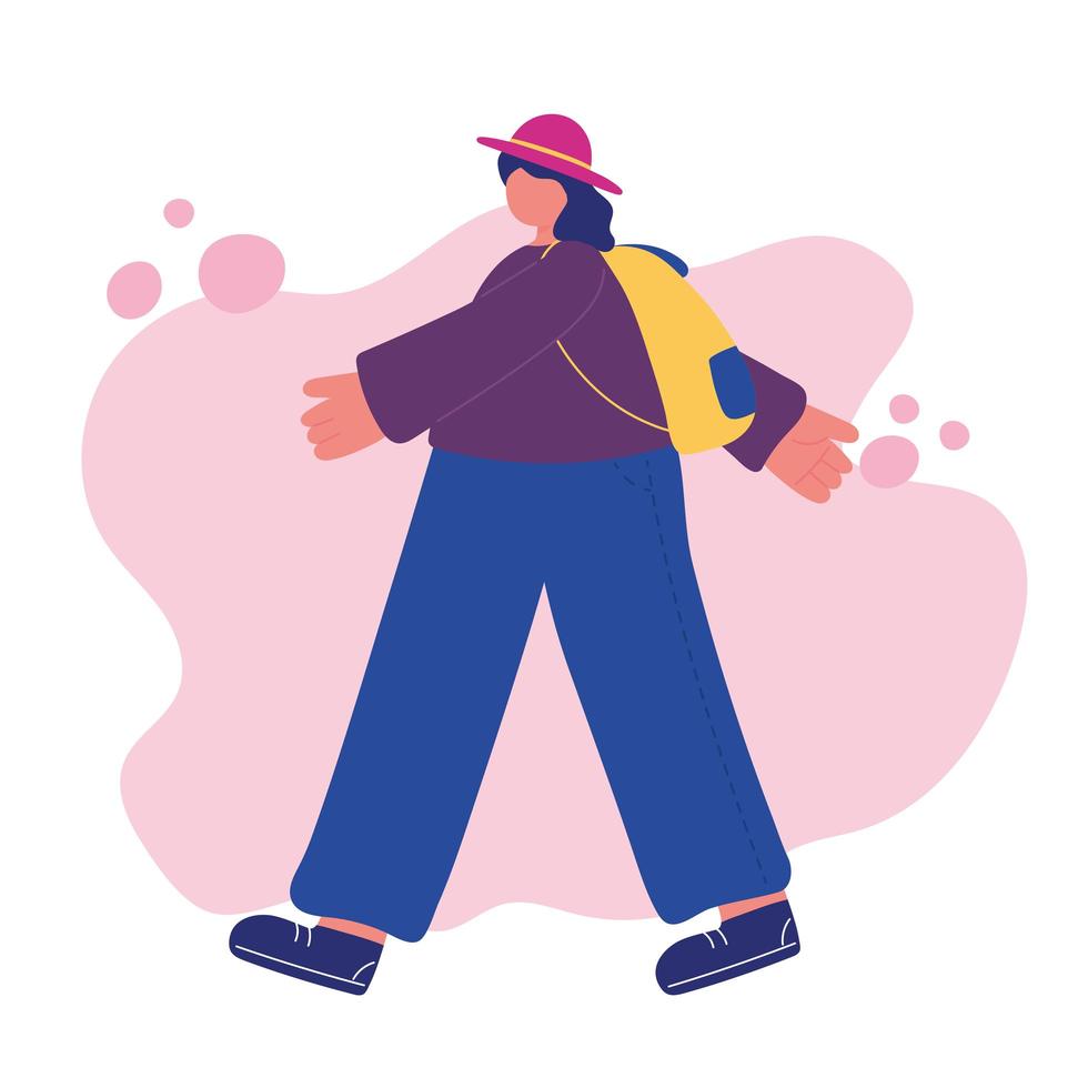 side view young woman with hat and backpack walking vector