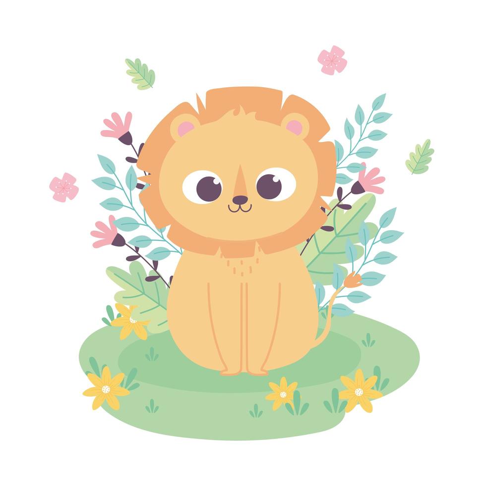 Cute little lion cartoon animal adorable con flores sentado en la hierba vector