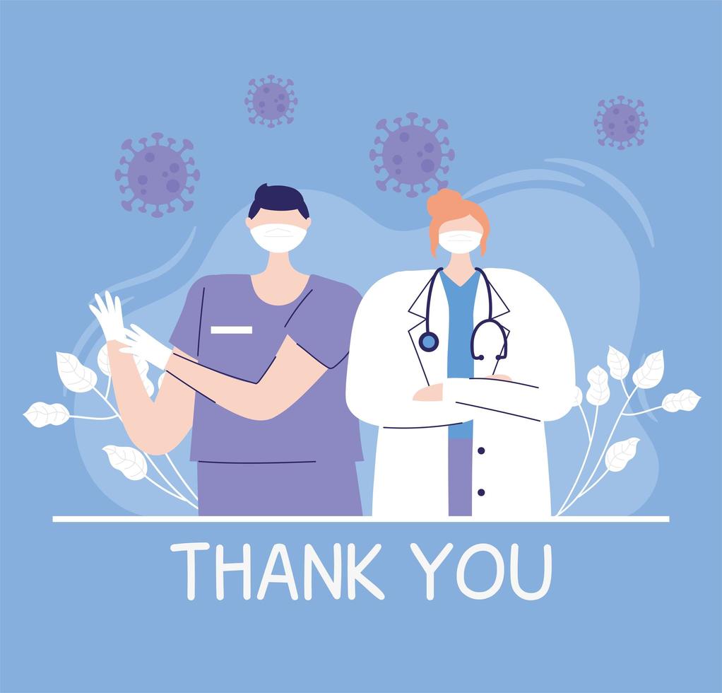 thank you doctors and nurses, female physician and nurse with medical mask and stethoscope vector