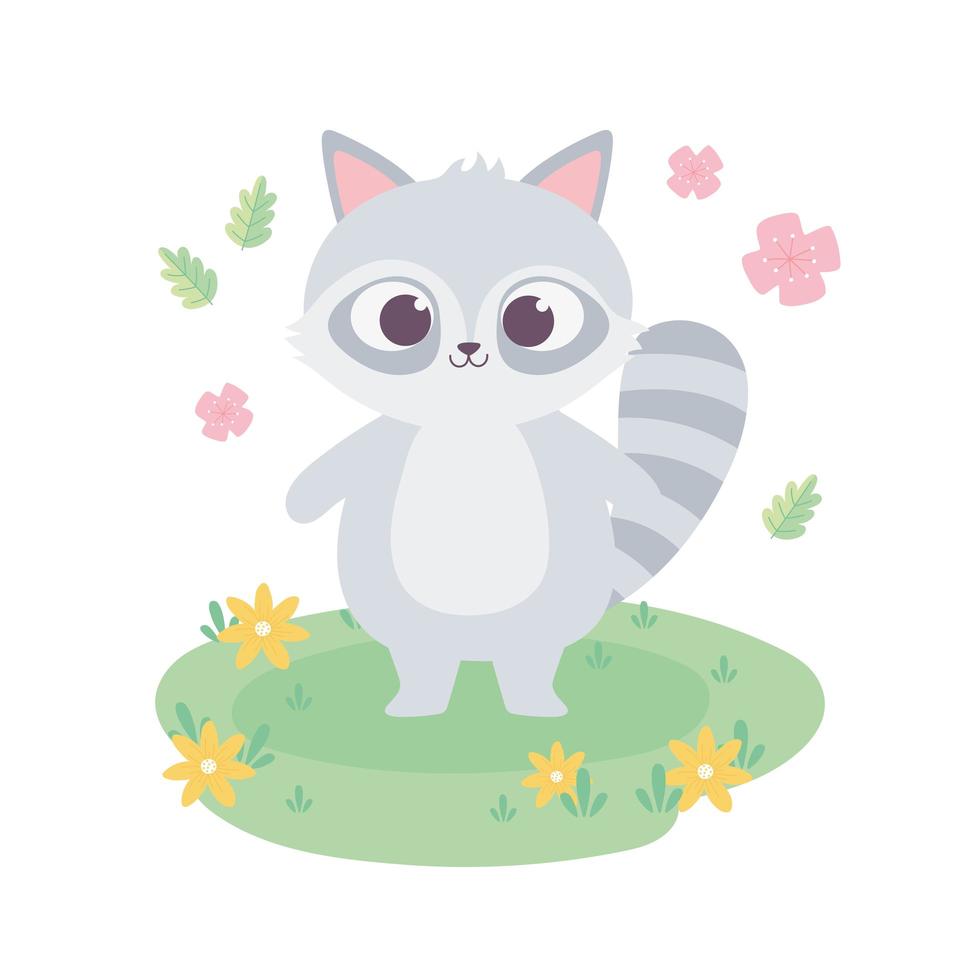 lindo mapache con flores animal de dibujos animados adorable vector