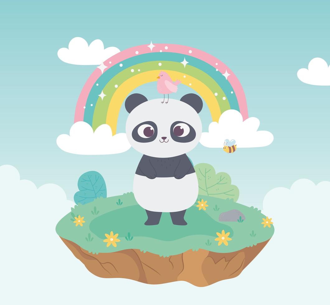 lindo panda con animales de aves y abejas adorables con flores y dibujos animados de arco iris vector