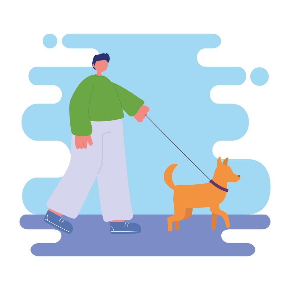 hombre caminando con perro mascota vector