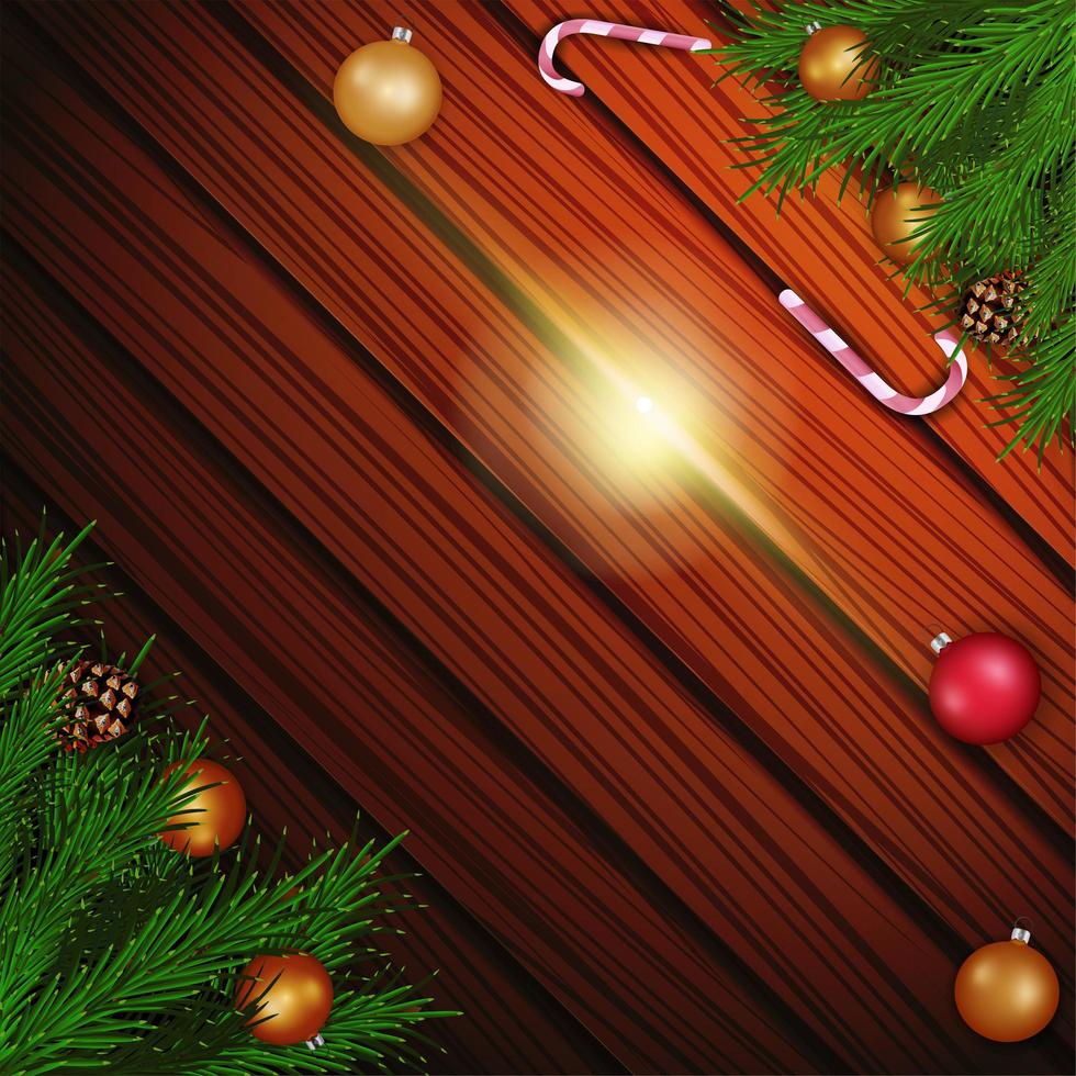 Plantilla en blanco de Navidad con fondo de madera marrón decorado con ramas de árboles de Navidad, bastones de caramelo y bolas de Navidad, vista superior vector
