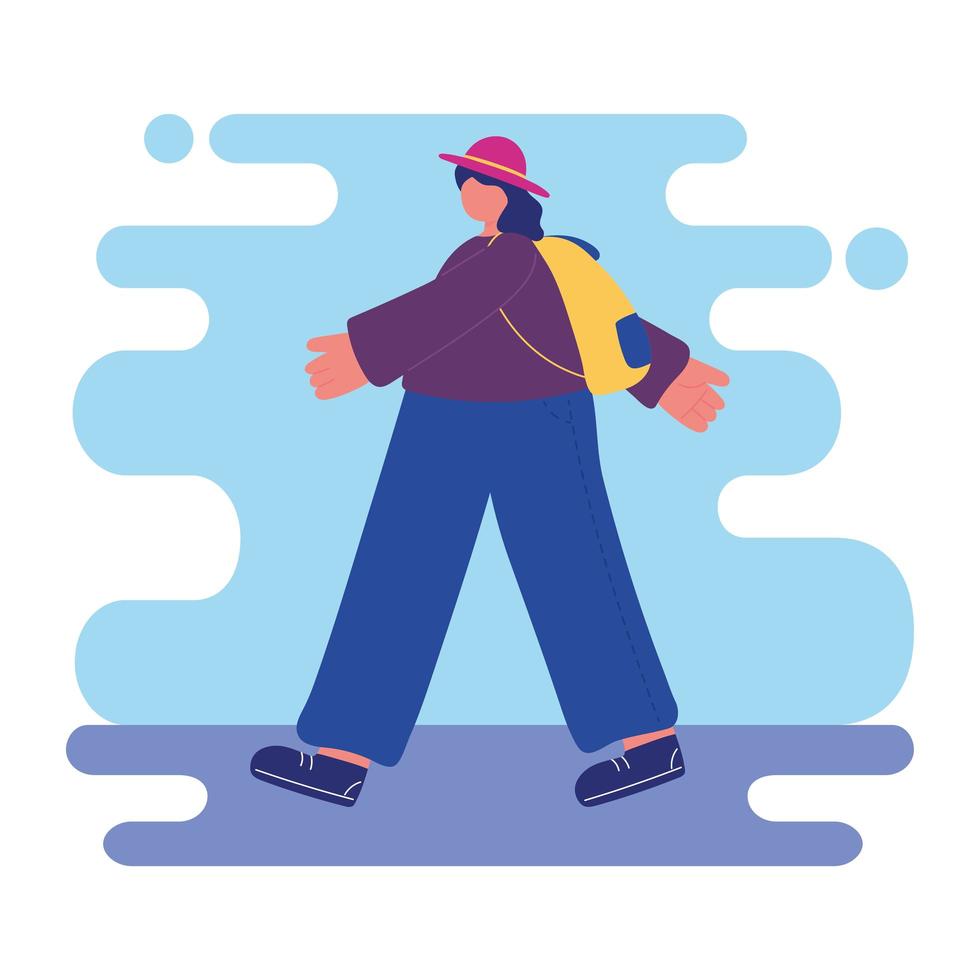 teenager walking with casual clothes hat and backpack vector