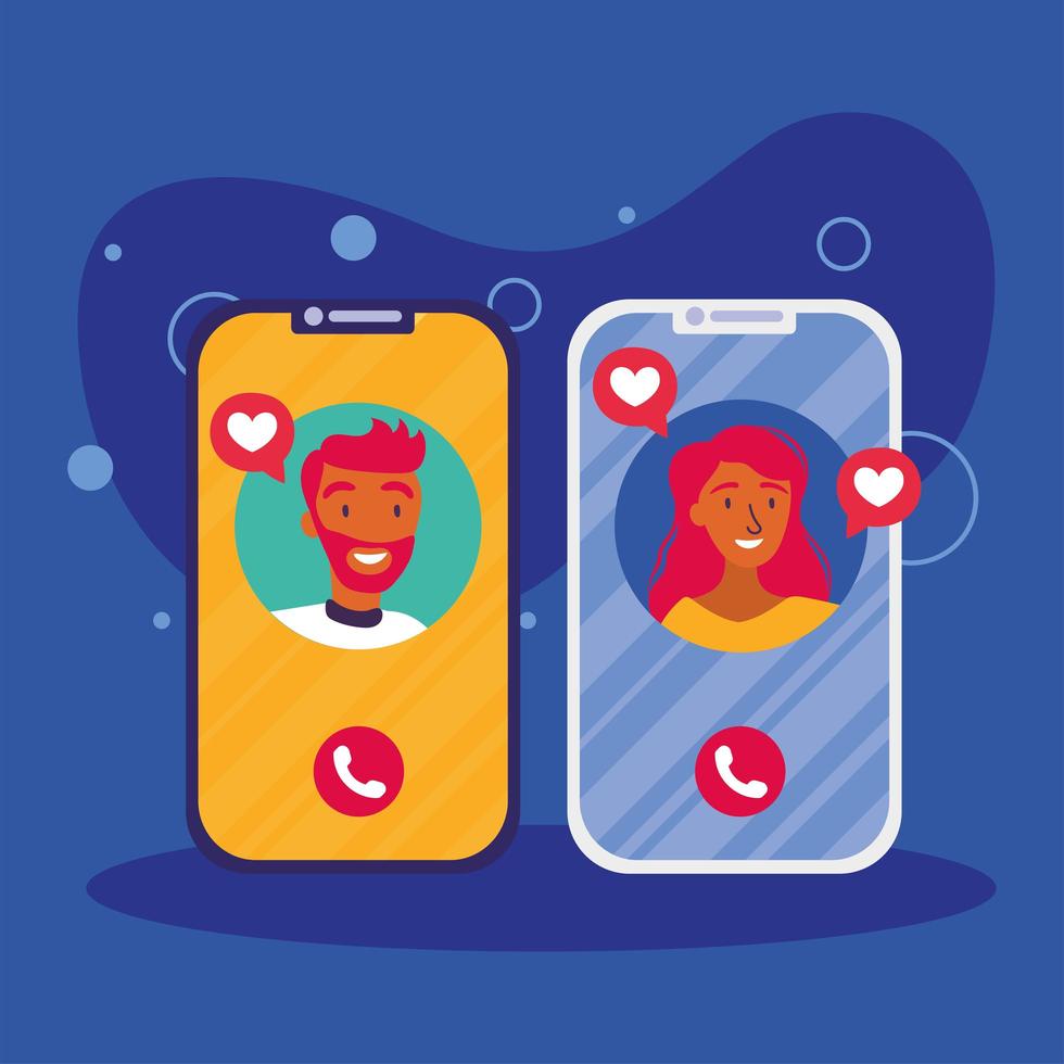 Woman and man avatar on smartphone in video chat vector design