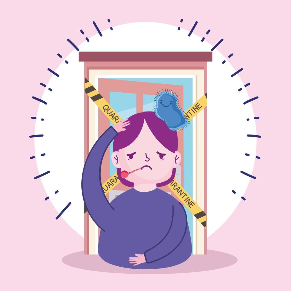 covid 19 coronavirus pandemic, sick woman with thermometer in quarantine home vector