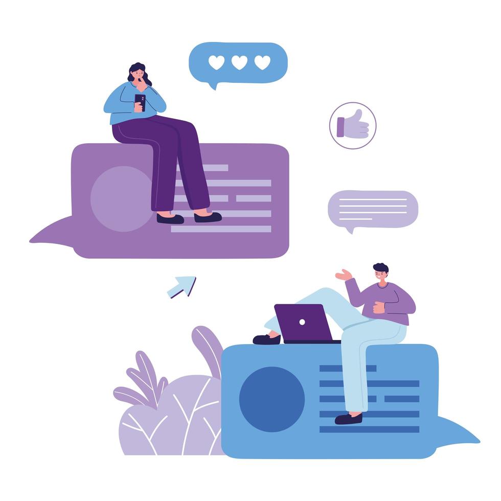 Woman and man with smartphone and laptop chatting vector design