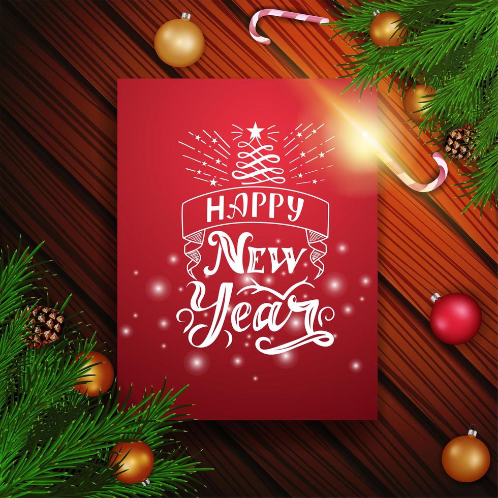 Feliz año nuevo, postal vertical roja con hermosas letras en forma de árbol de navidad vector