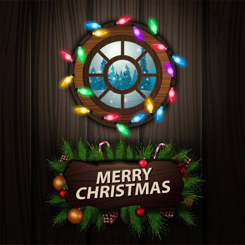 Feliz Navidad, tarjeta de felicitación con puntero de madera con marco de ramas de árboles de Navidad y ventana redonda con vistas al bosque de invierno vector