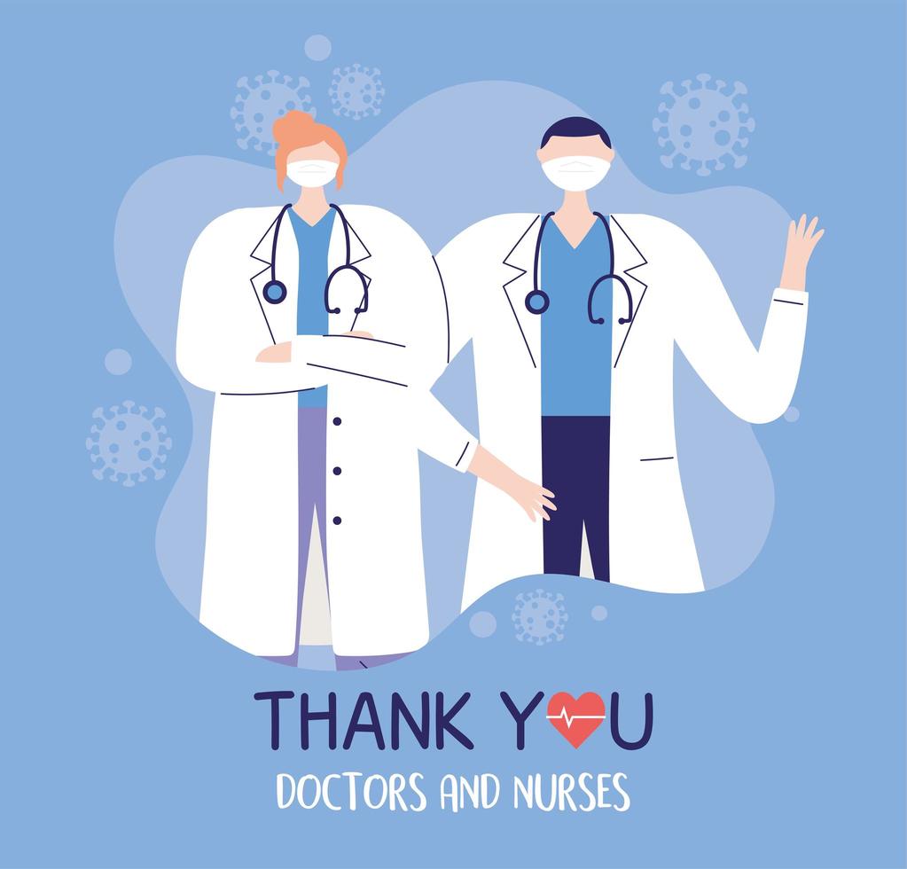 thank you doctors and nurses, physicians professional with protective masks characters vector