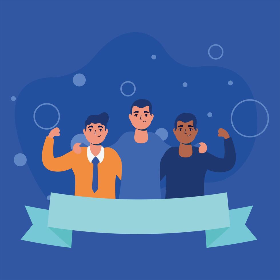 men avatars friends with ribbon design vector