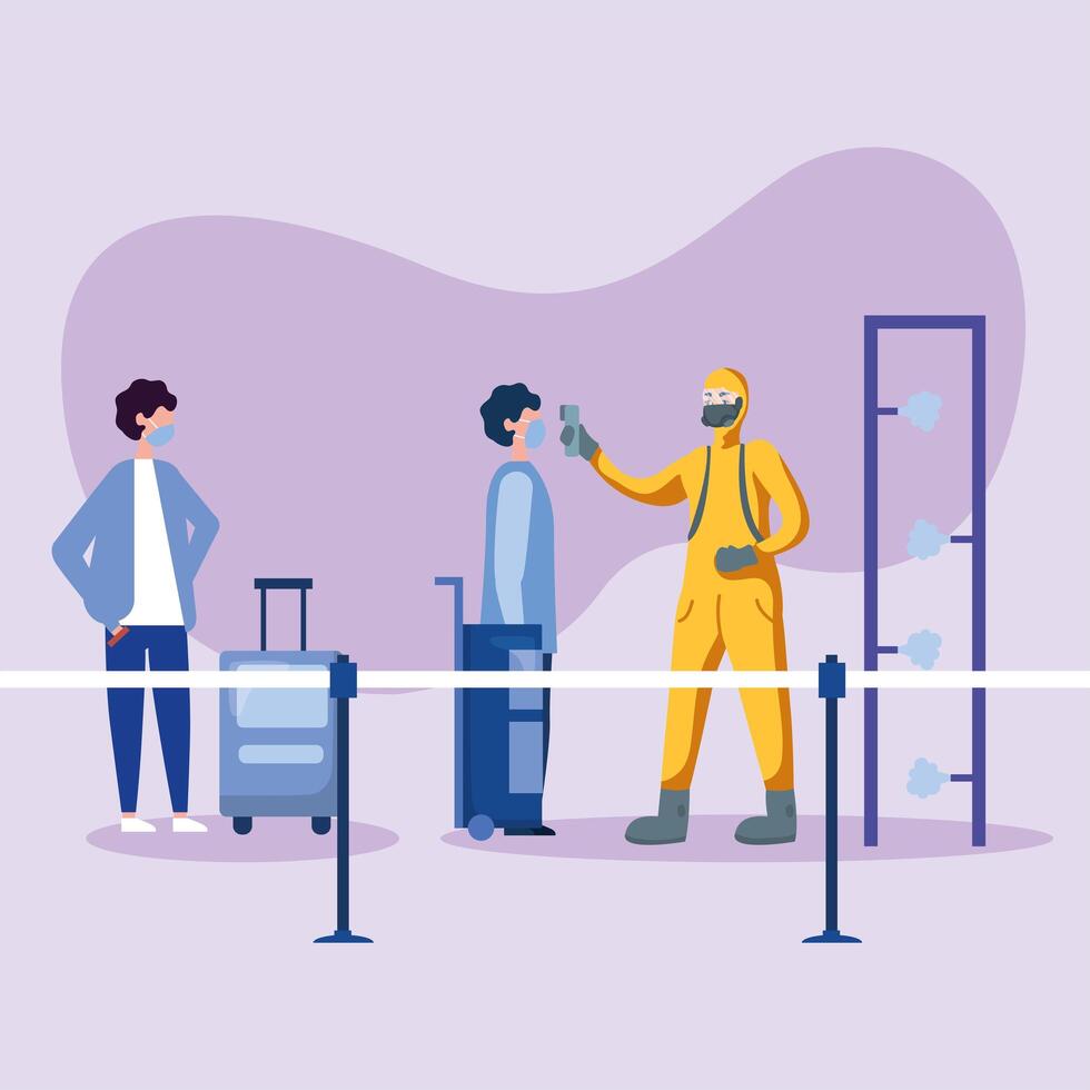 man with protective suit checking men temperature design vector