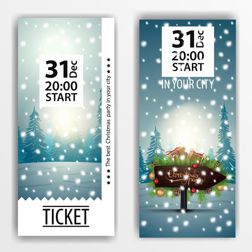 Christmas party ticket design with wooden pointer with frame of Christmas tree branches on background with winter forest vector