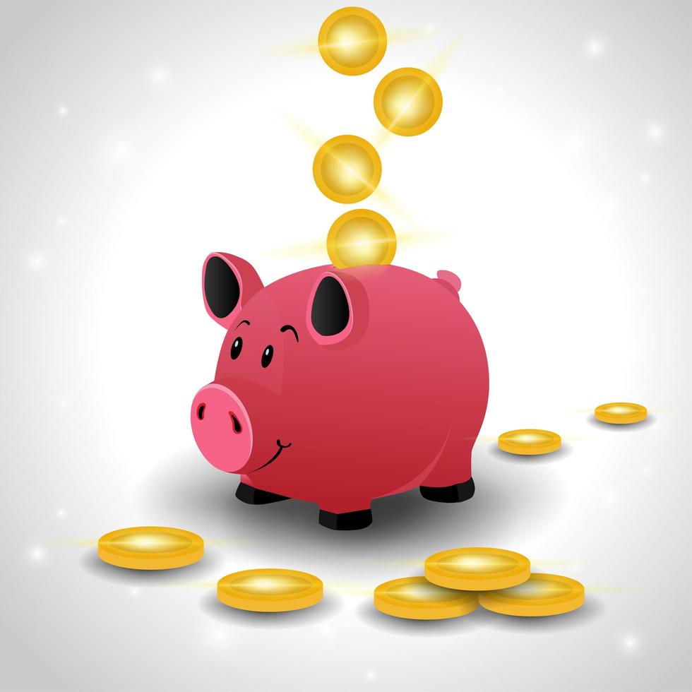 Pink piggy bank with gold coins isolated on white background vector