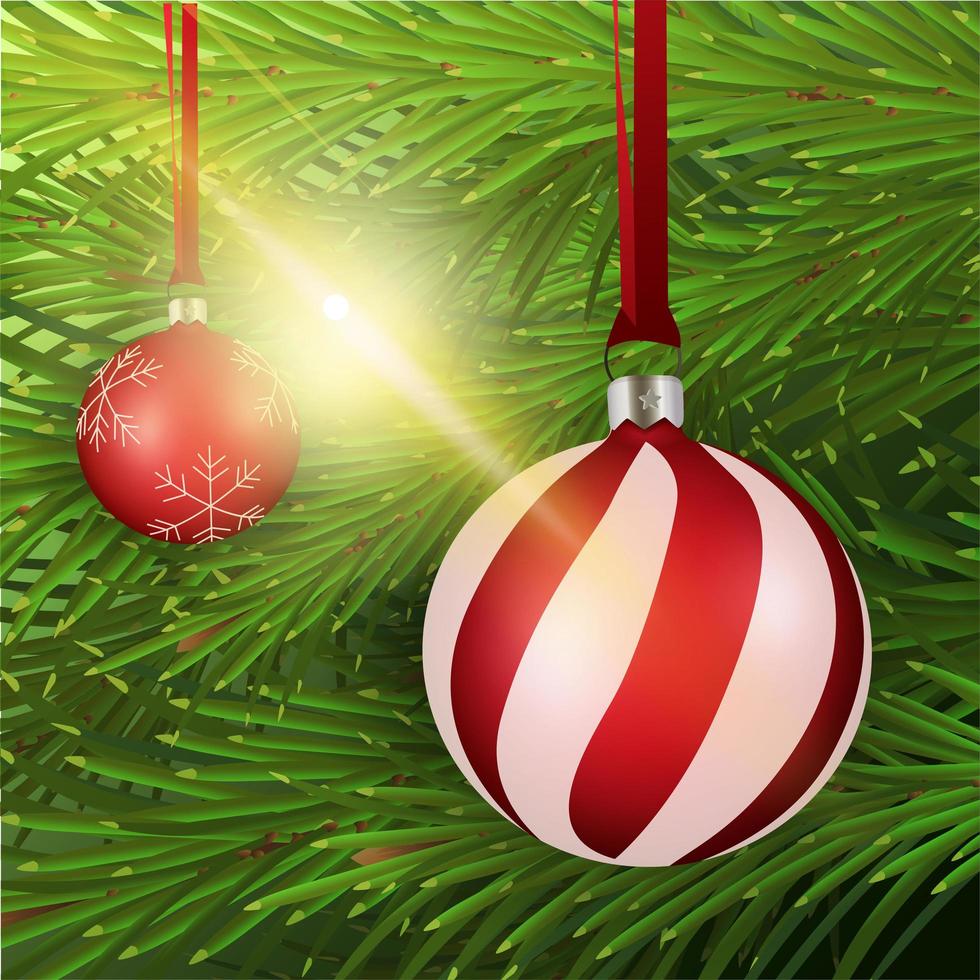 Large red and white Christmas ball on background with Christmas tree, vector illustration