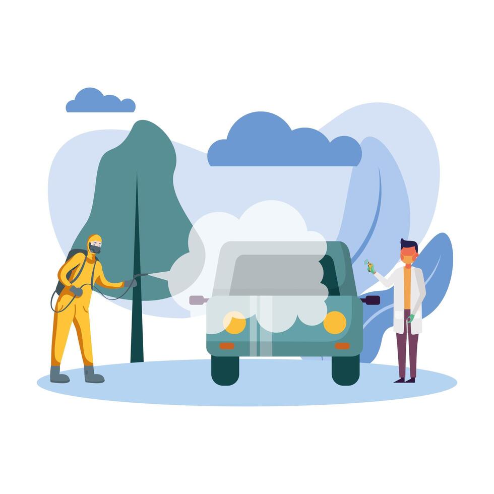 Man with protective suit spraying car and male doctor design vector