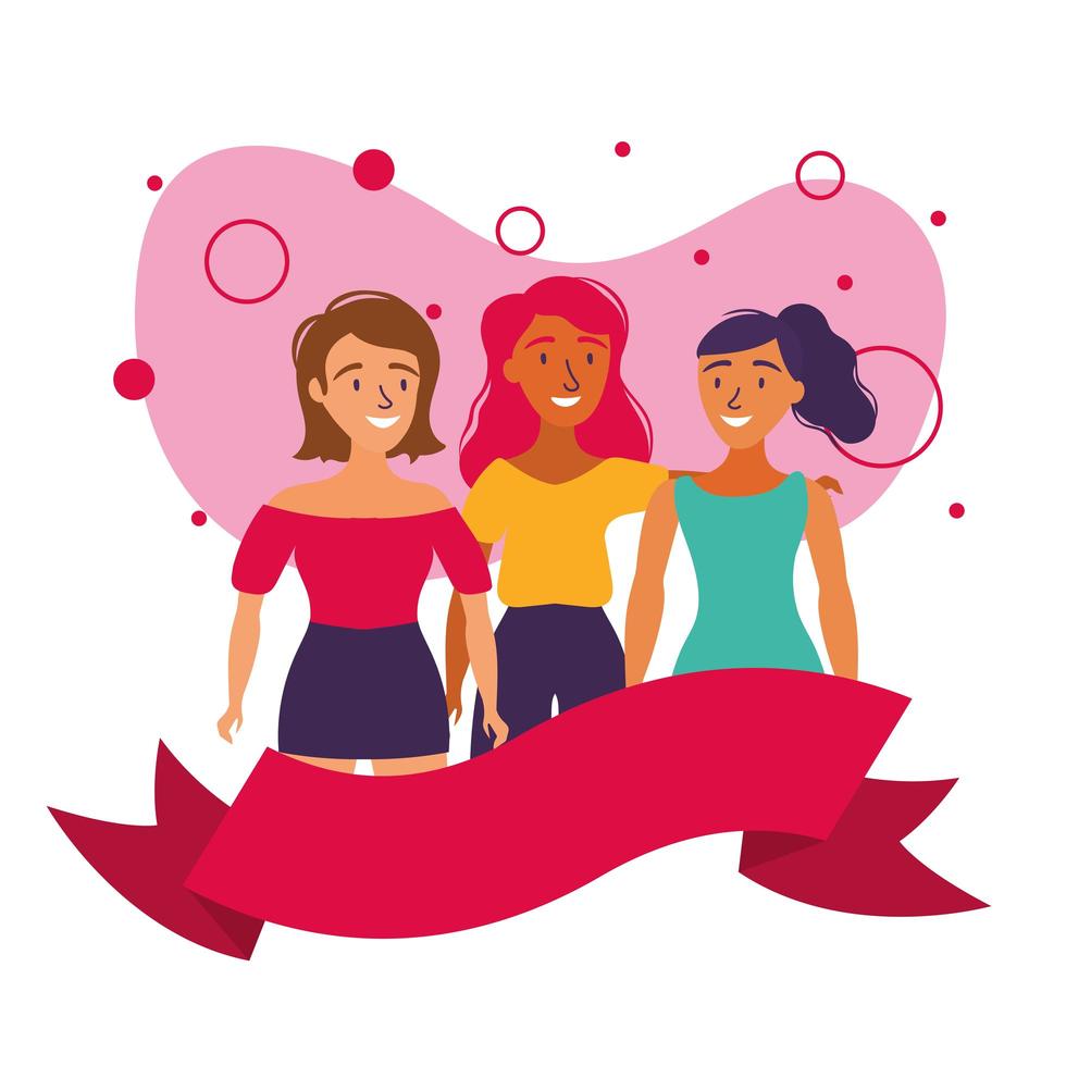 women avatars friends with ribbon vector design