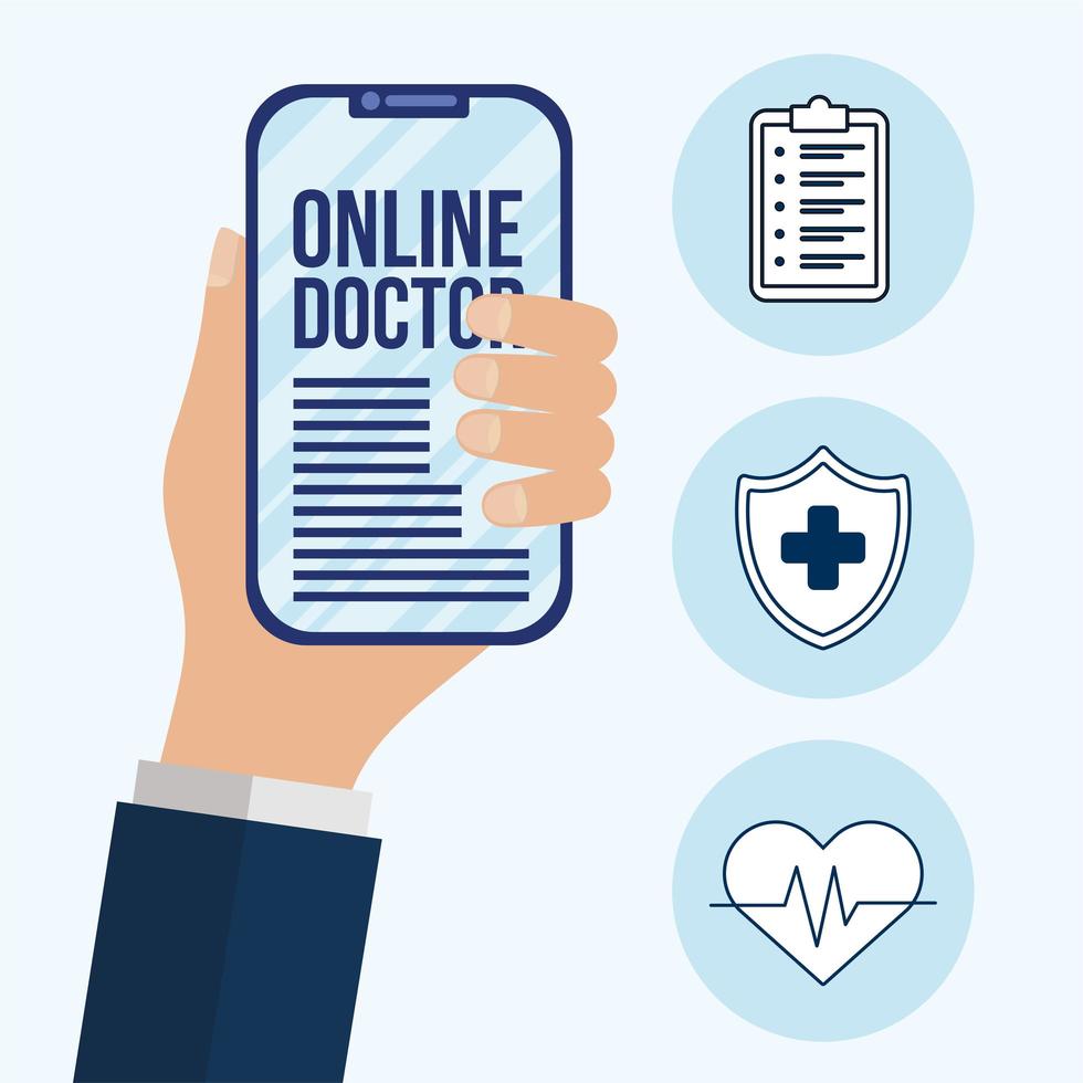 hand holding smartphone with online doctor text vector design