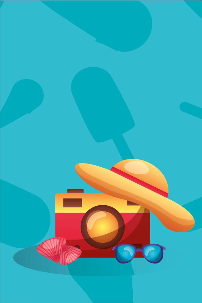 diseño vectorial de cámara, sombrero, conchas y gafas. vector