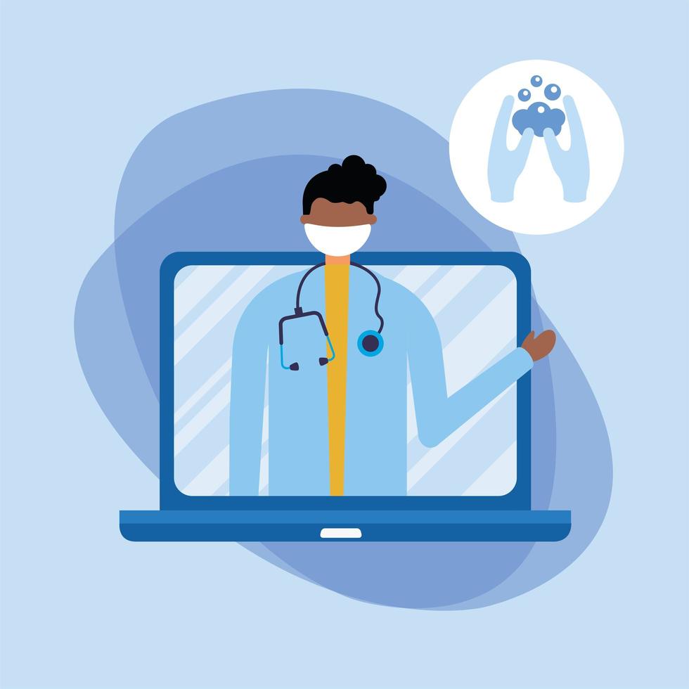 online male doctor with mask on laptop and hands washing vector design