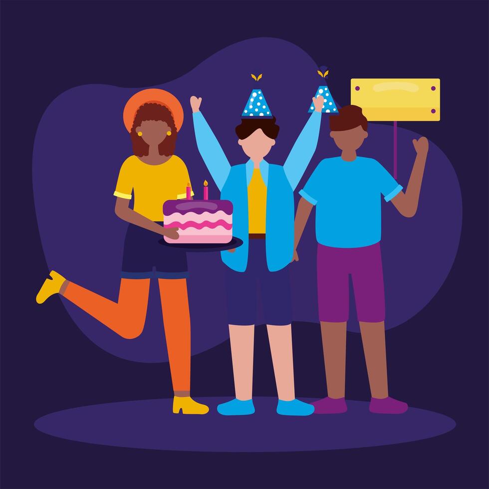 woman and men with happy birthday cake hats and banner design vector