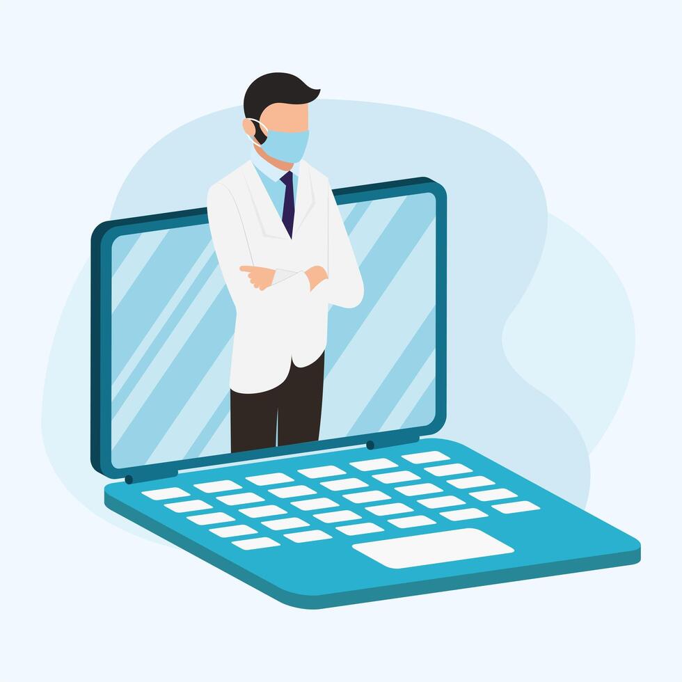 online male doctor with mask on laptop vector design