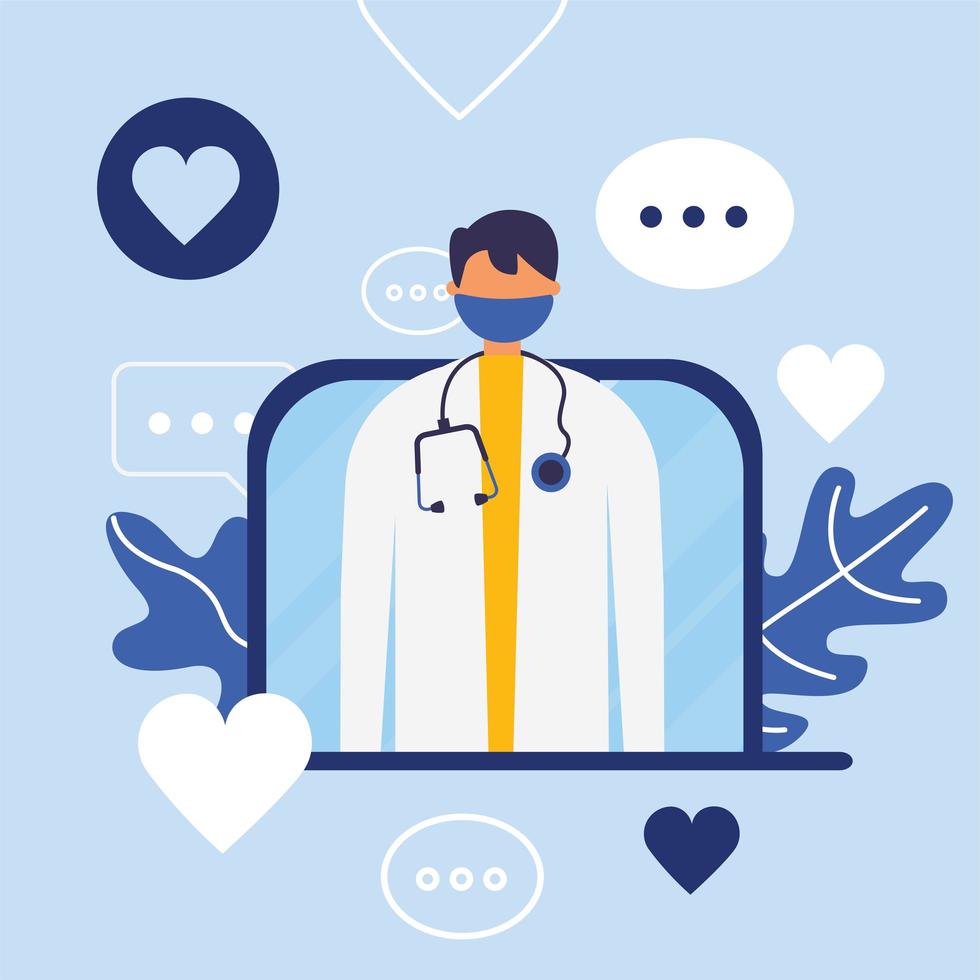 Doctor masculino en línea con máscara en diseño vectorial portátil vector