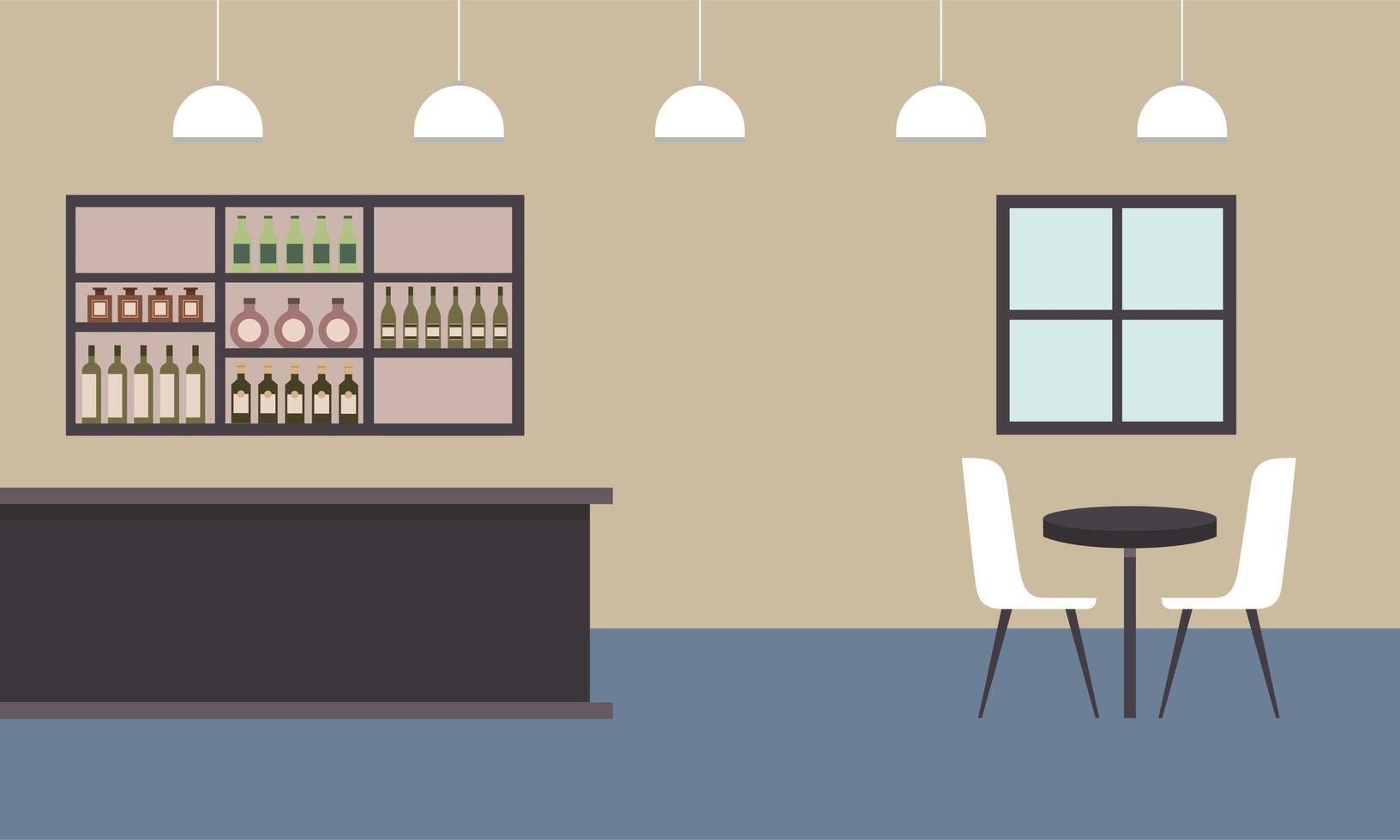 Restaurant table and bar with bottles shelf design vector