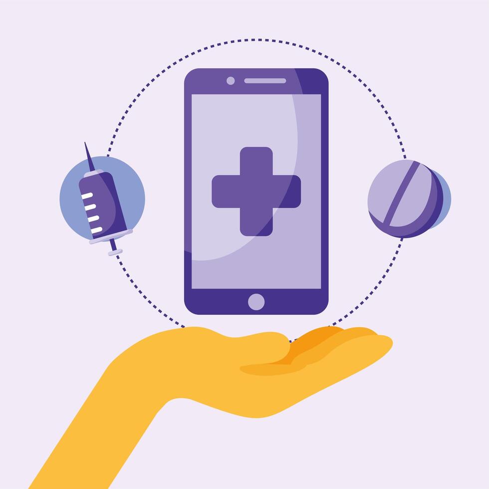 Cross on smartphone over hand design vector
