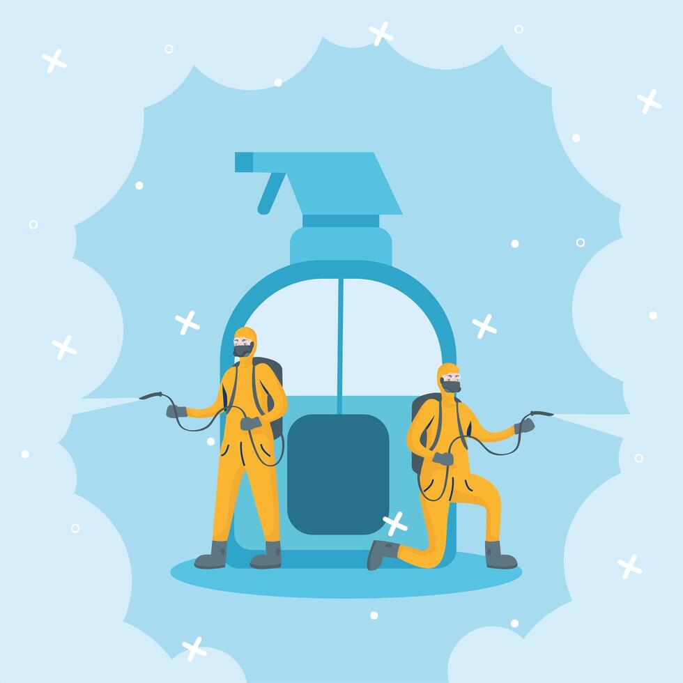 Men with protective suit spraying and spray bottle vector design