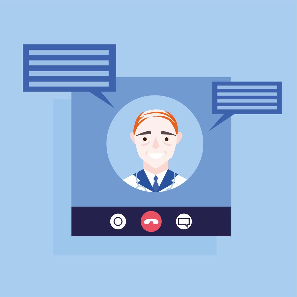 online male doctor on video chat with bubbles vector design