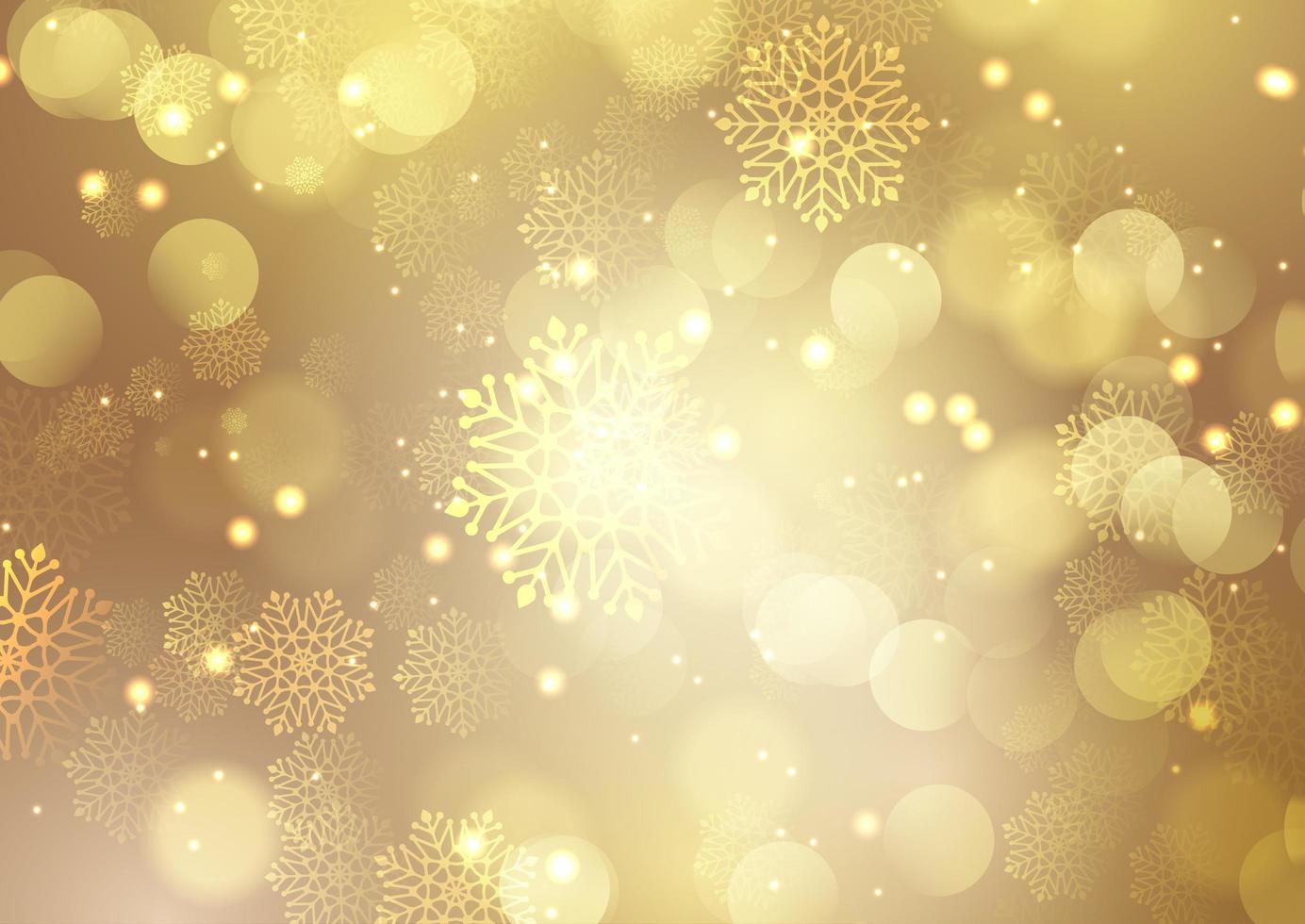 Fondo dorado navideño con copos de nieve y diseño de luces bokeh vector