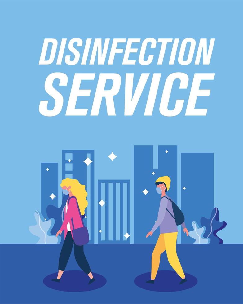 boy and girl with masks and disinfection service vector design