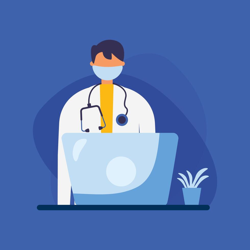 male doctor with uniform laptop and mask design vector