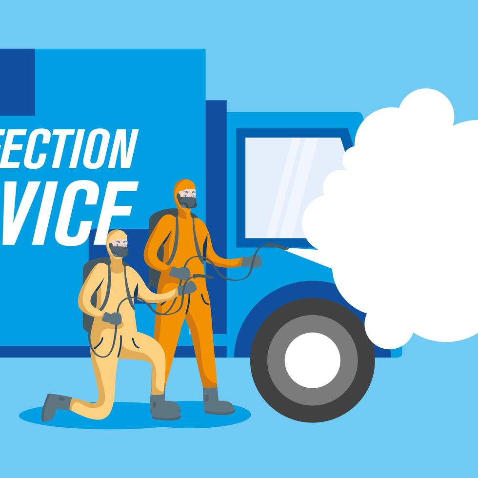 Men with protective suit spraying and truck vector design