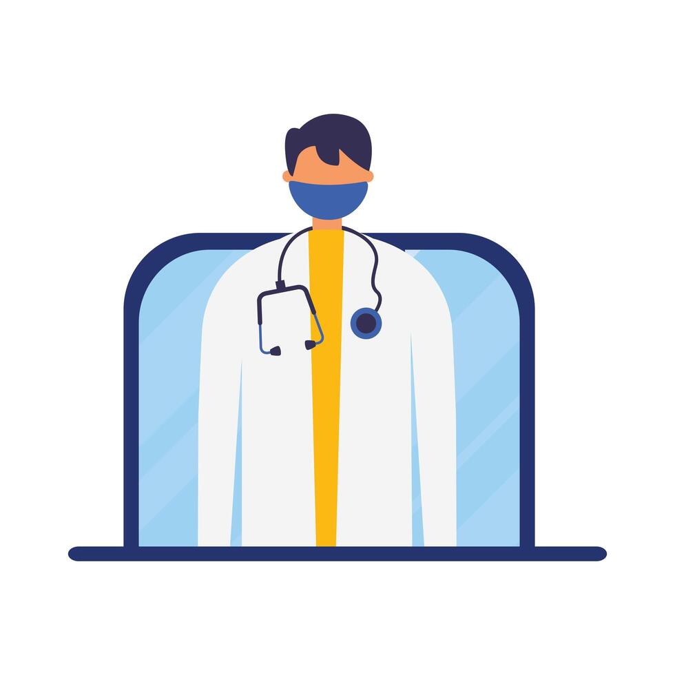 online male doctor with mask on laptop vector design