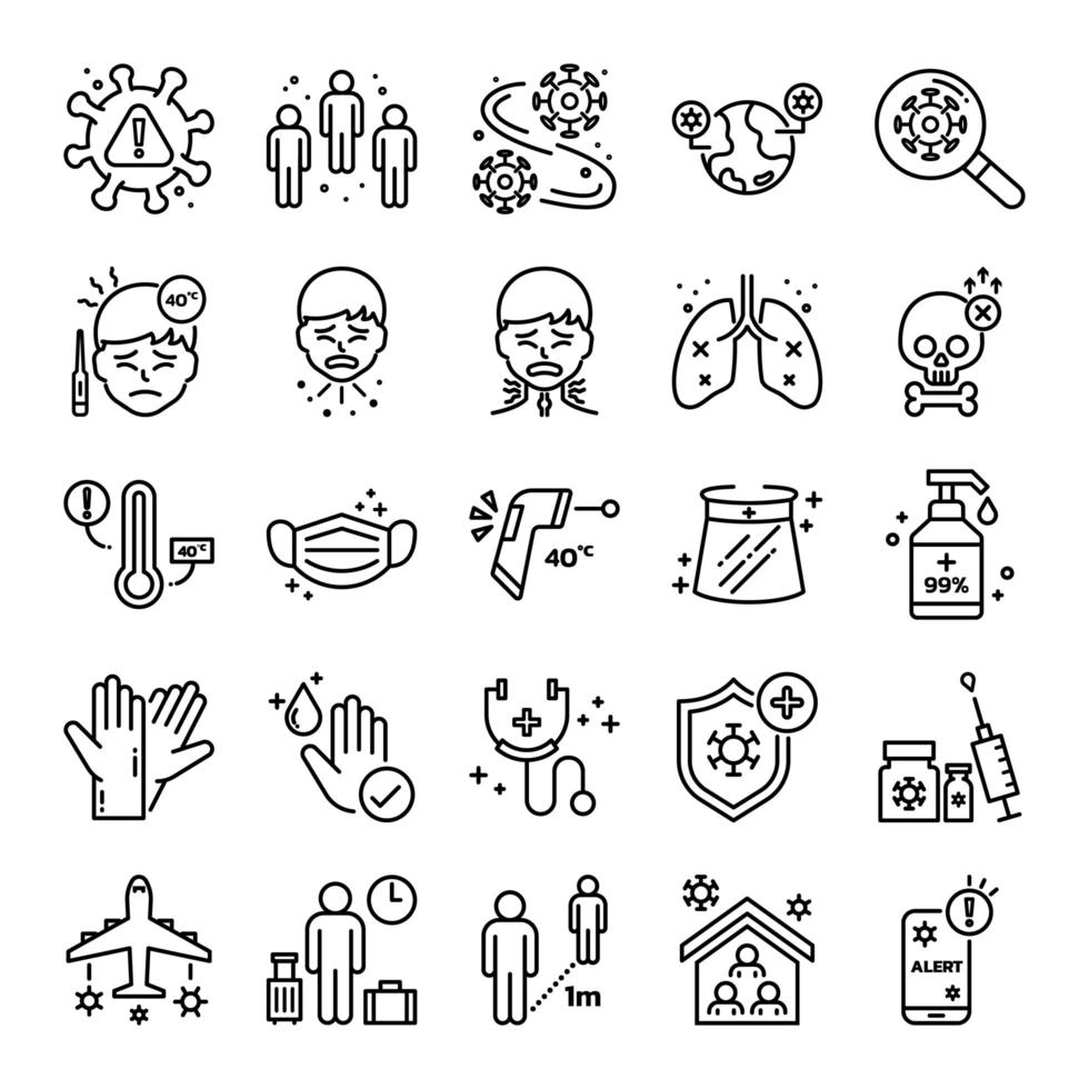 Covid-19 or coronavirus pandemic thin line icon set vector