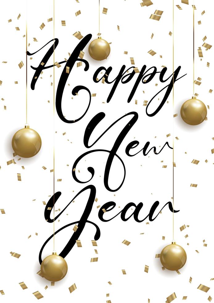 Happy New Year background with baubles and confetti vector