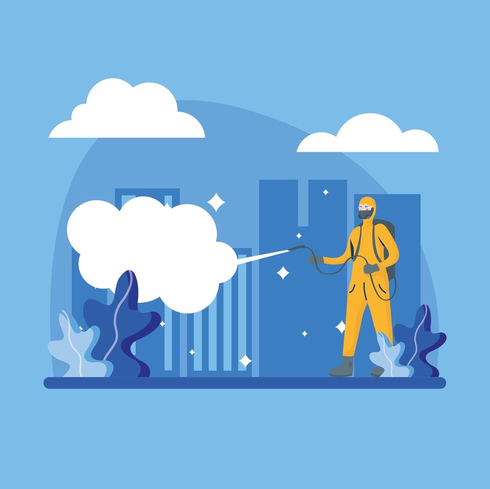 Man with protective suit spraying city vector design