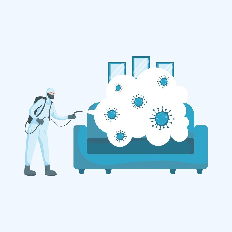 Man with protective suit spraying couch with covid 19 vector design
