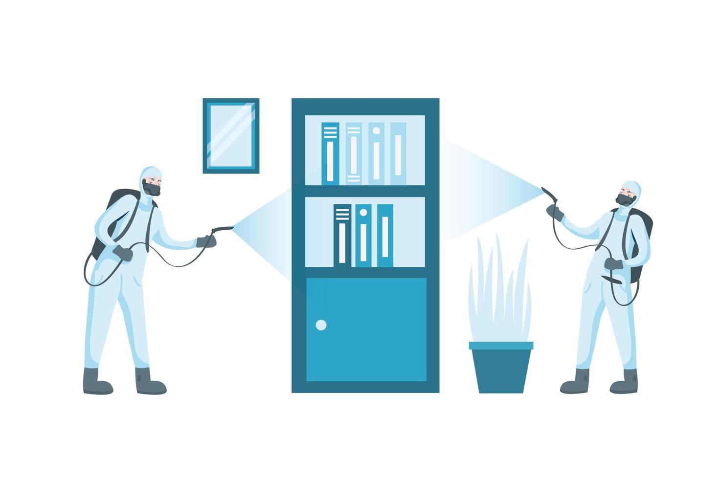 Men with protective suit spraying office furniture vector design