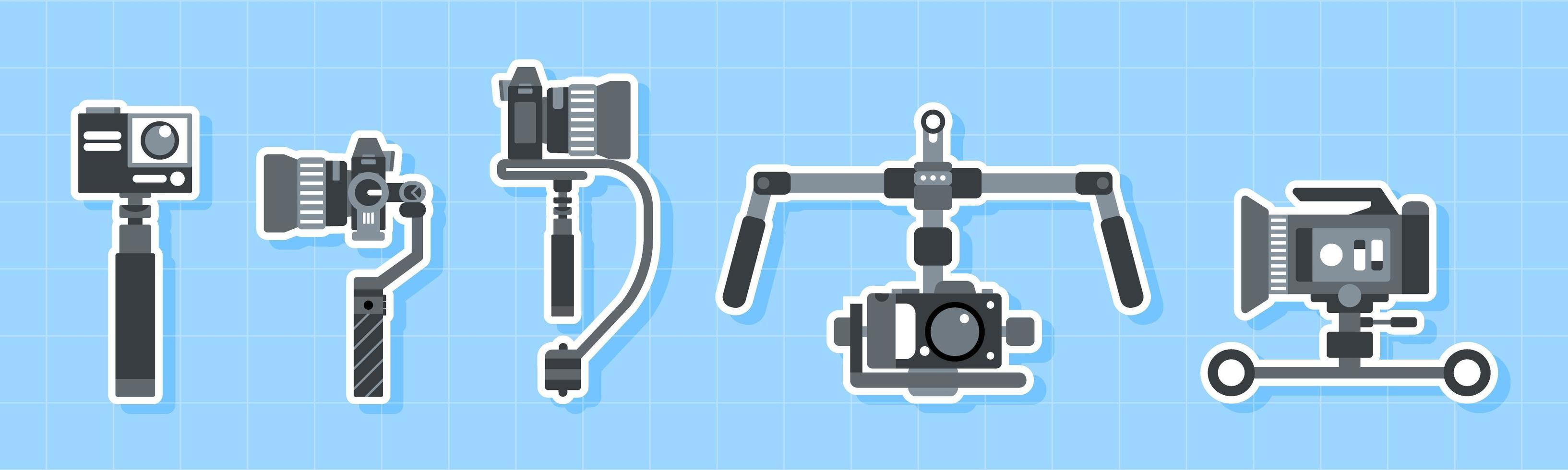 Conjunto de iconos de estabilizador de cámara, steadicam y portátil vector