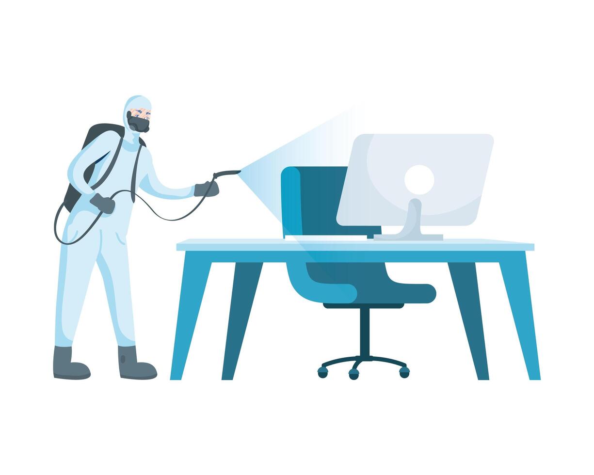 Man with protective suit spraying office desk vector design