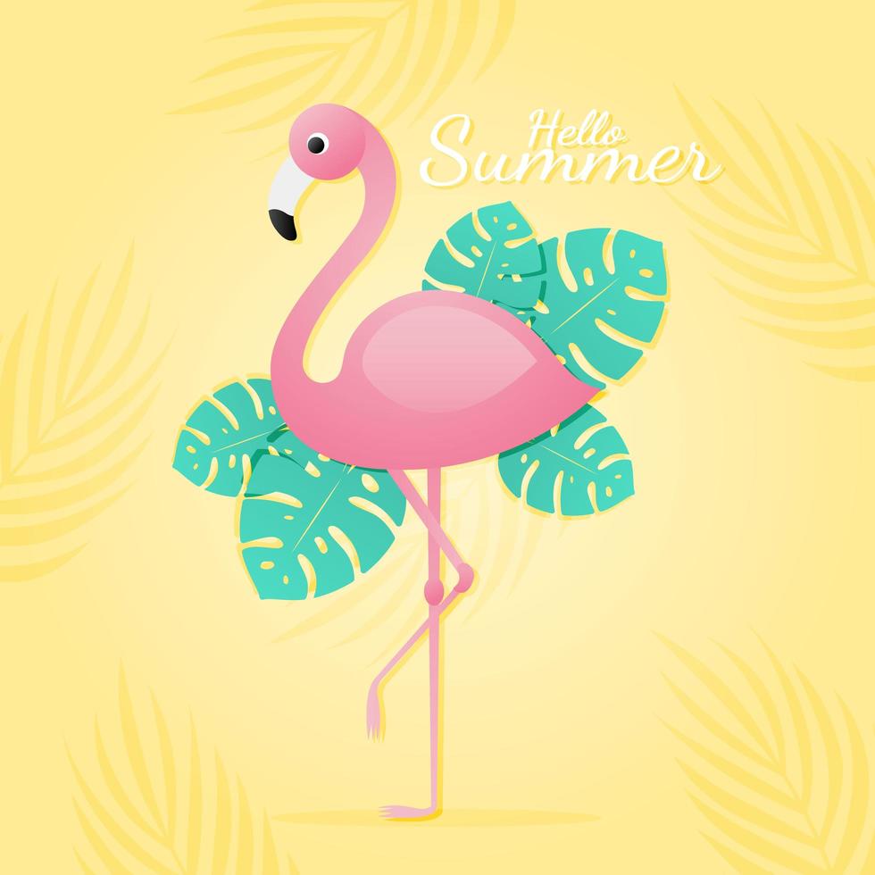 Pink flamingo with tropical Leaves for hello summer concept vector