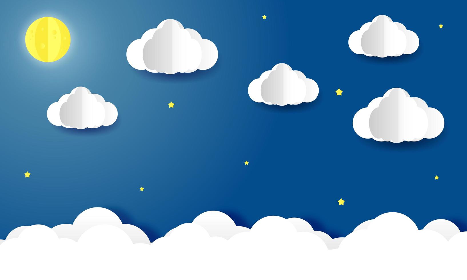 Sky with clouds and moon at night paper cut style background vector