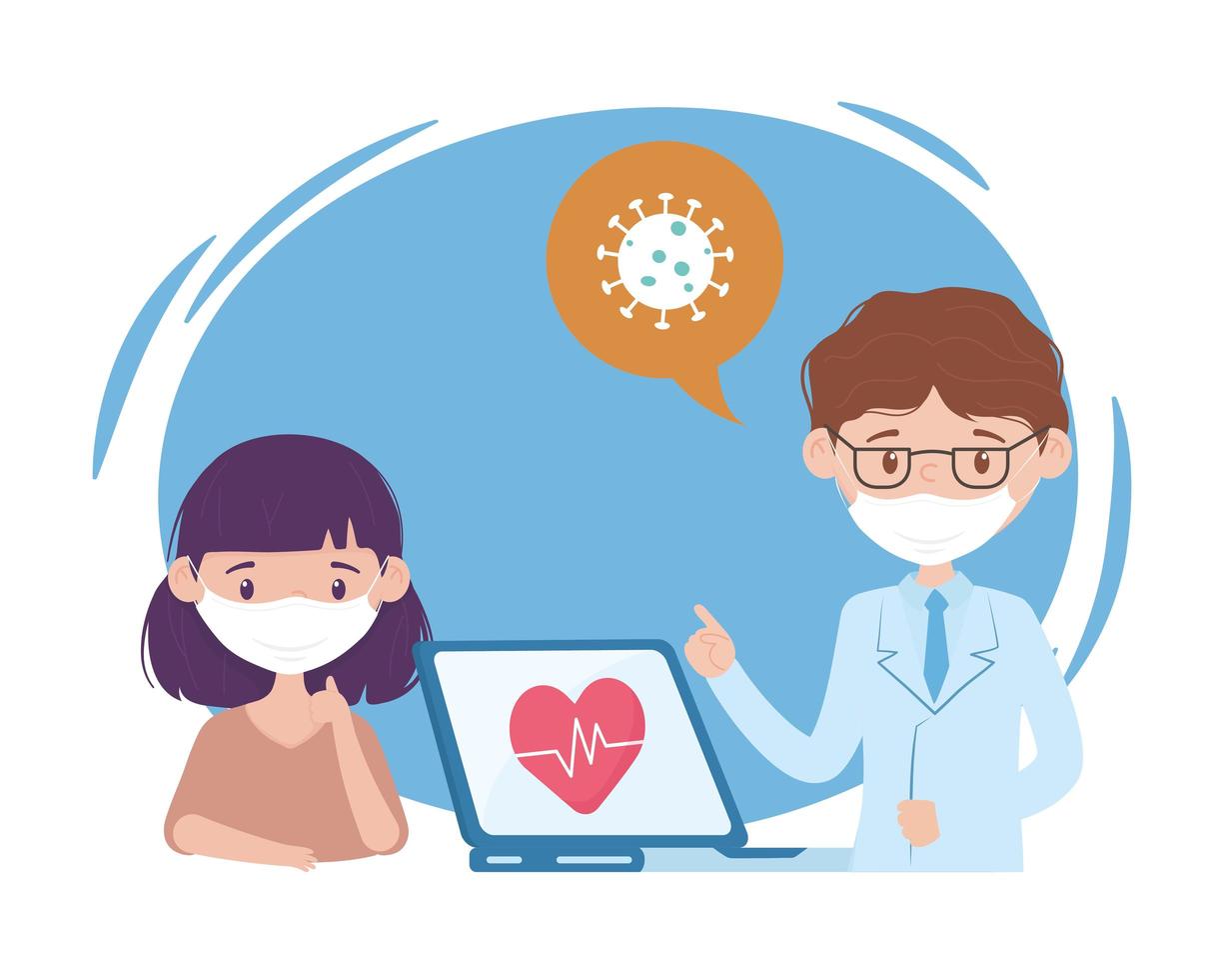 health online, doctor with mask and laptop patient vector