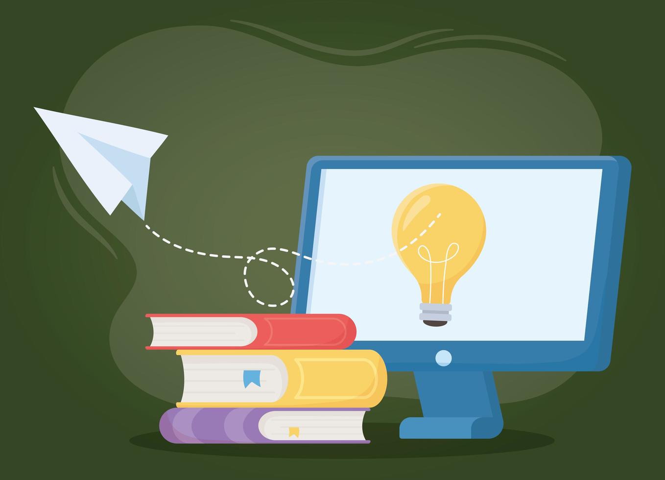 online education, computer idea books and paper plane vector