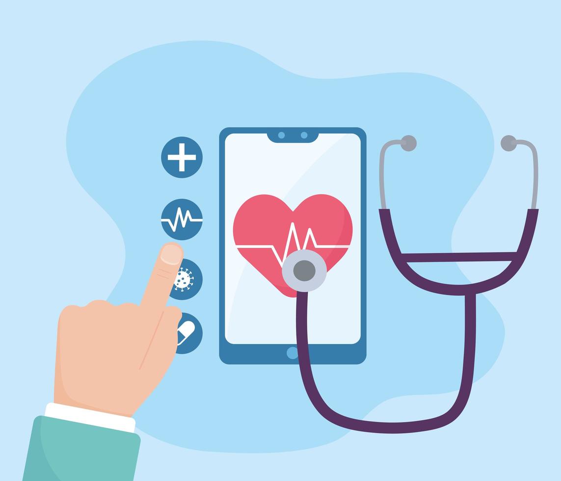 online health, smartphone stethoscope diagnostic analysis covid 19 coronavirus vector