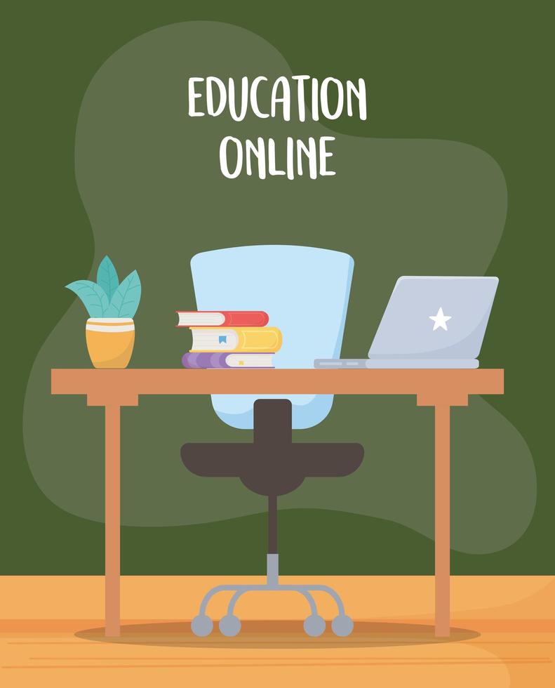 online education, school desk chair laptop books vector