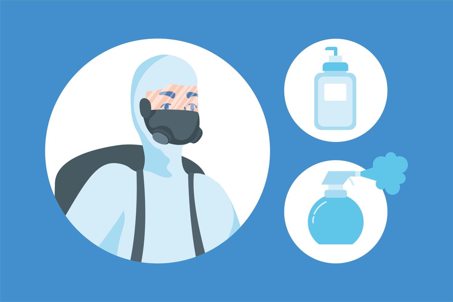 Man with protective suit and santizer bottle vector design